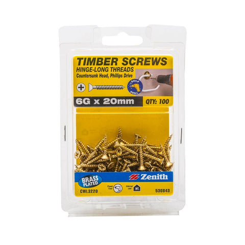 Zenith Hinge Long Thread Screw - 6g x 20mm - Brass Plated - 100 Pack - SuperSaverAU - view 1
