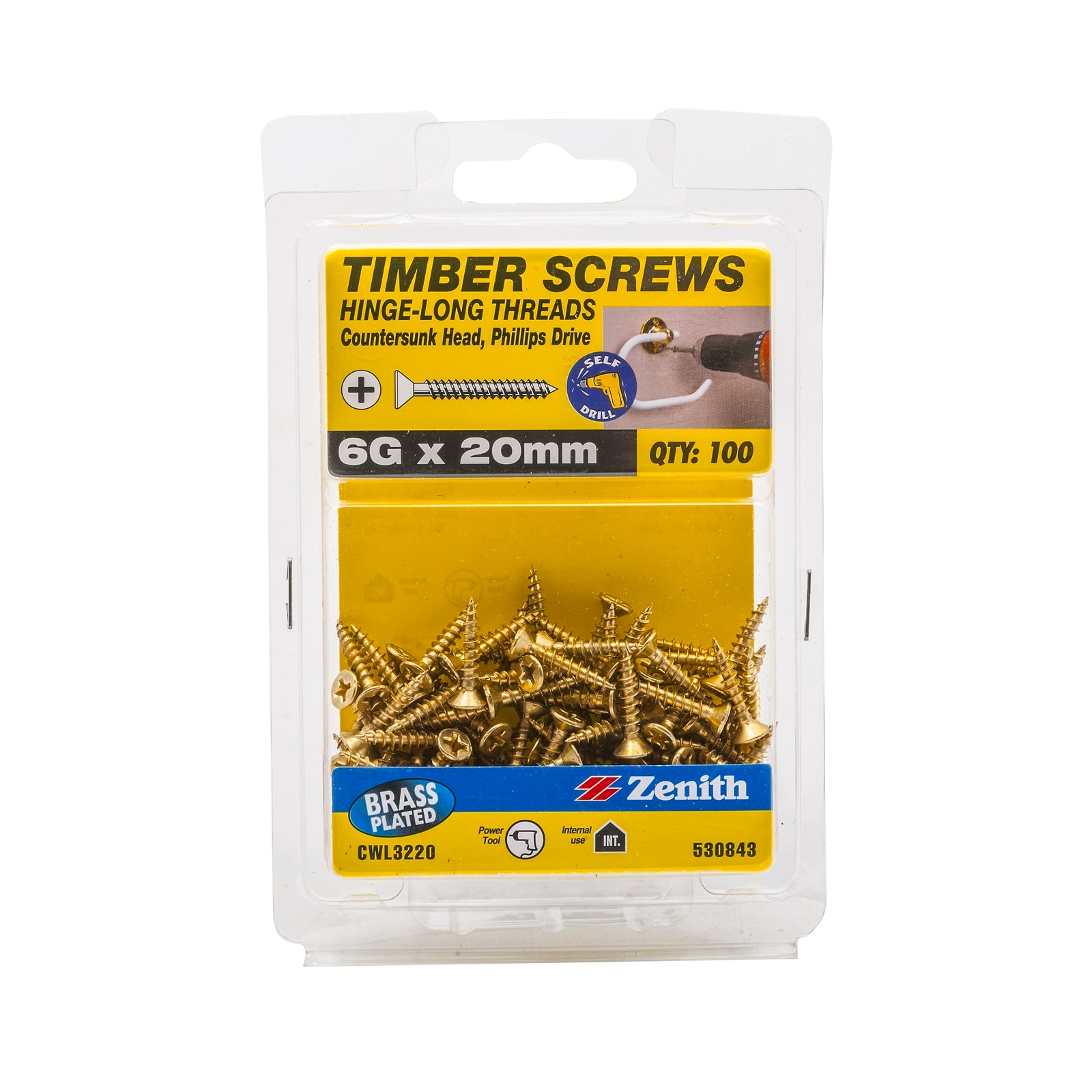 Zenith 6G x 20mm Brass Plated Countersunk Hinge Timber Screws 100 Pack