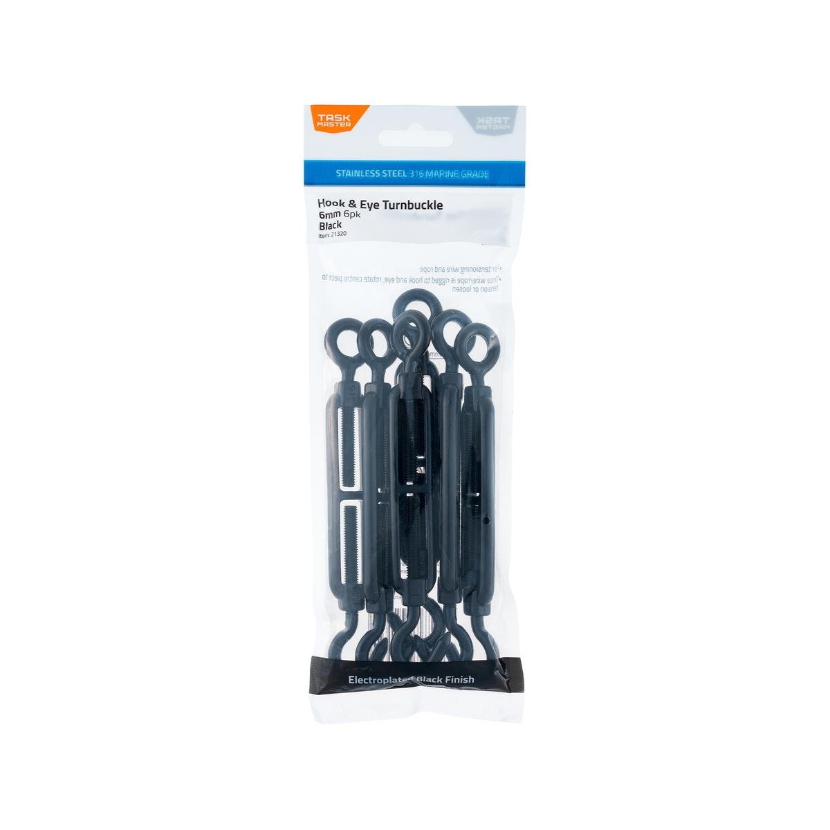 Taskmaster 6mm Black 316 Stainless Steel Turnbuckle Hook & Eye - 6 Pack