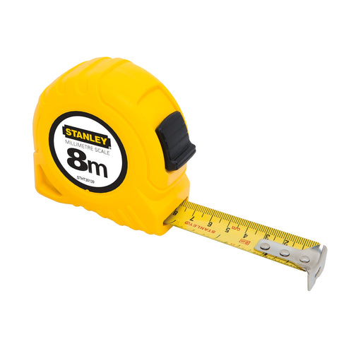 Stanley 8m Tape Measure, Lockable Blade, mm Graduations, ABS Case, Belt Clip, Yellow