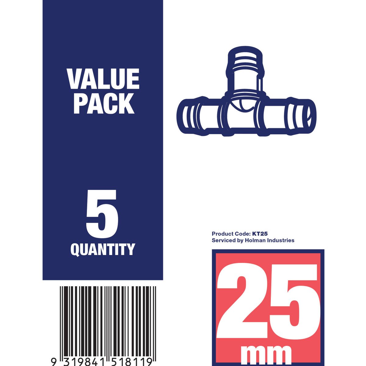 K-Rain 25mm Barbed Tee - 5 Pack Polypropylene