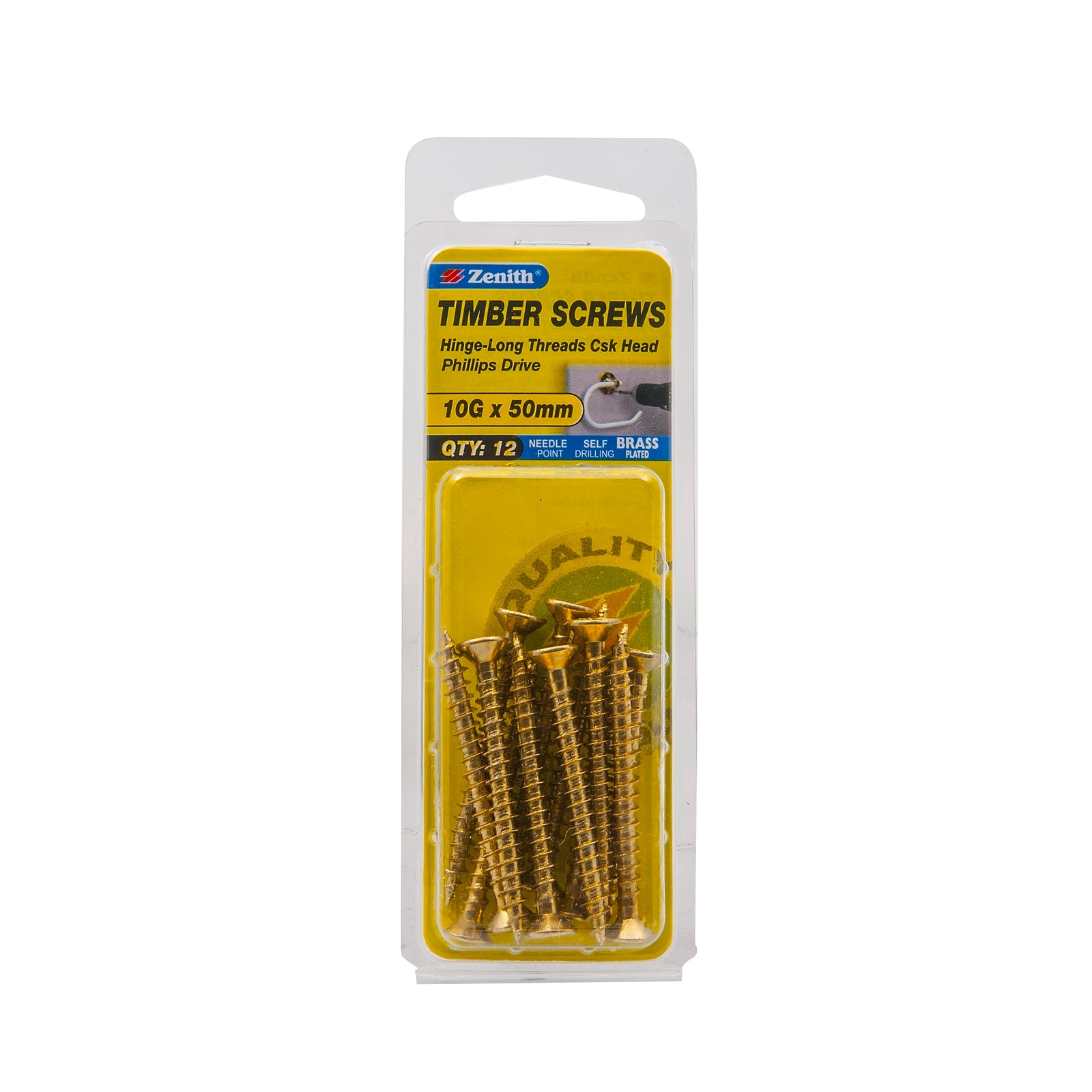Zenith 10G x 50mm Brass Plated Countersunk Hinge Screws - Long Thread, Phillips Drive, 12 Pack