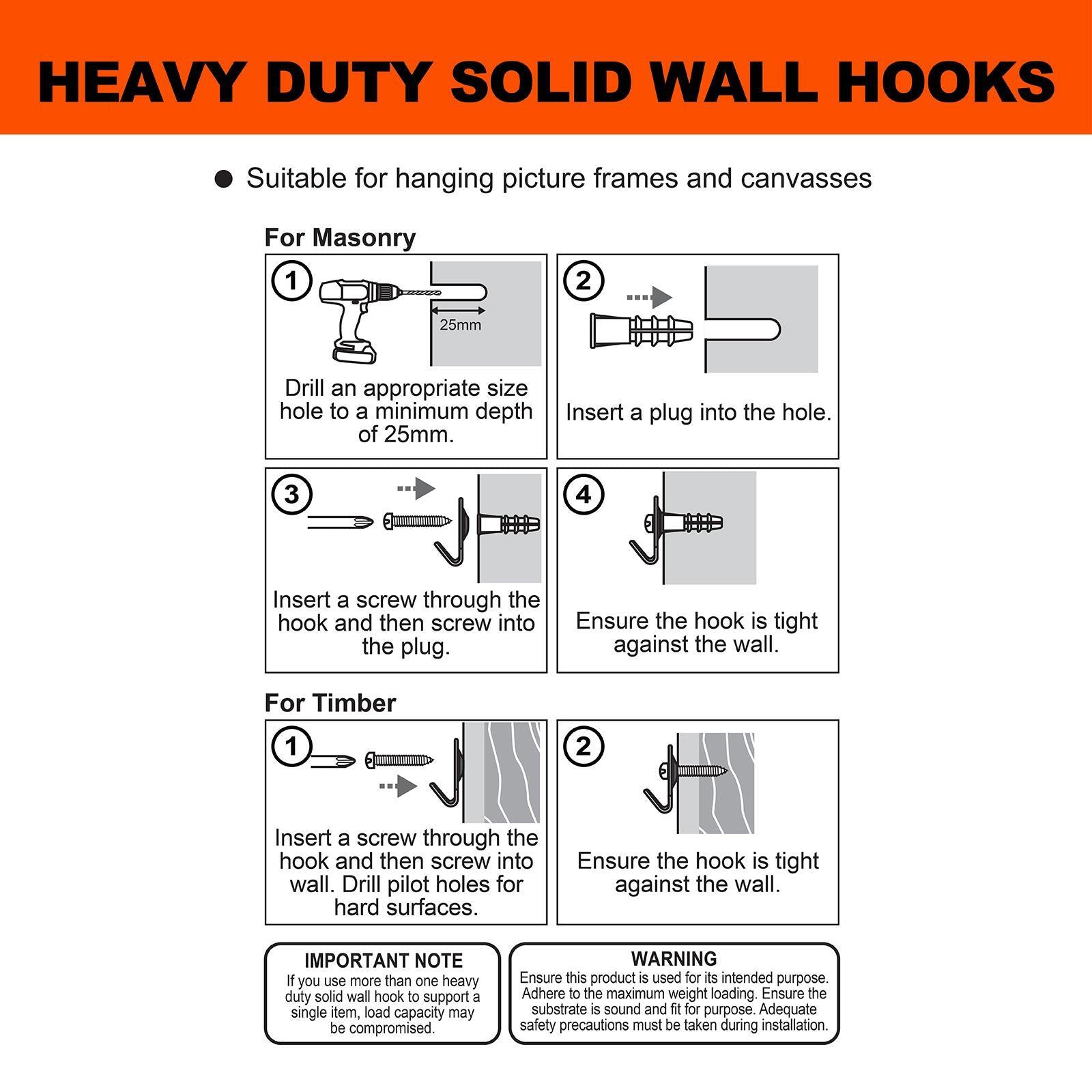 Everhang 20kg Heavy-Duty Zinc Plated Steel Solid Wall Picture Hanging Hook - 3 Pack