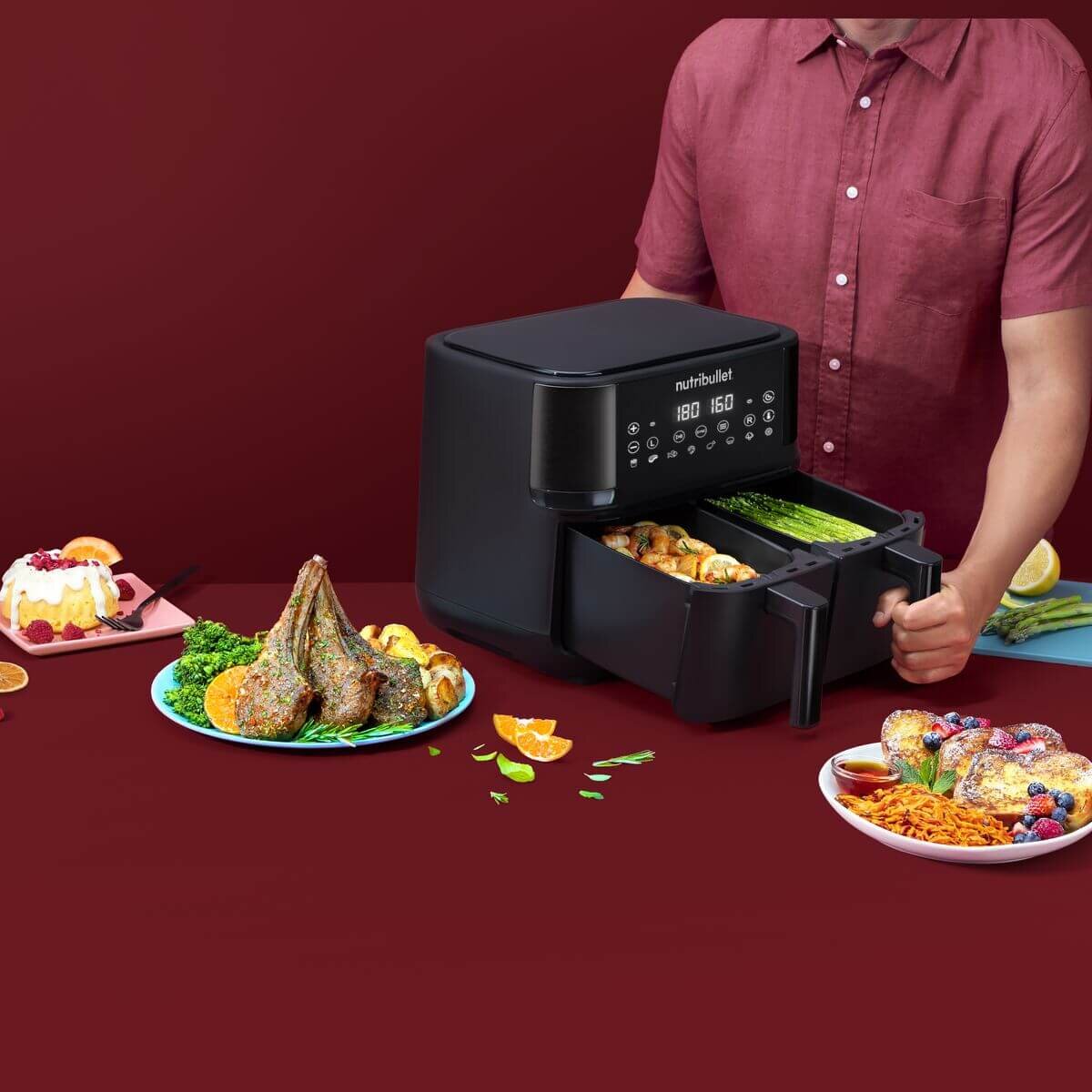 NutriBullet Twin Drawer Air Fryer - 2 x 4L Drawers, 8 Preset Cook Modes, Black - NBA07200