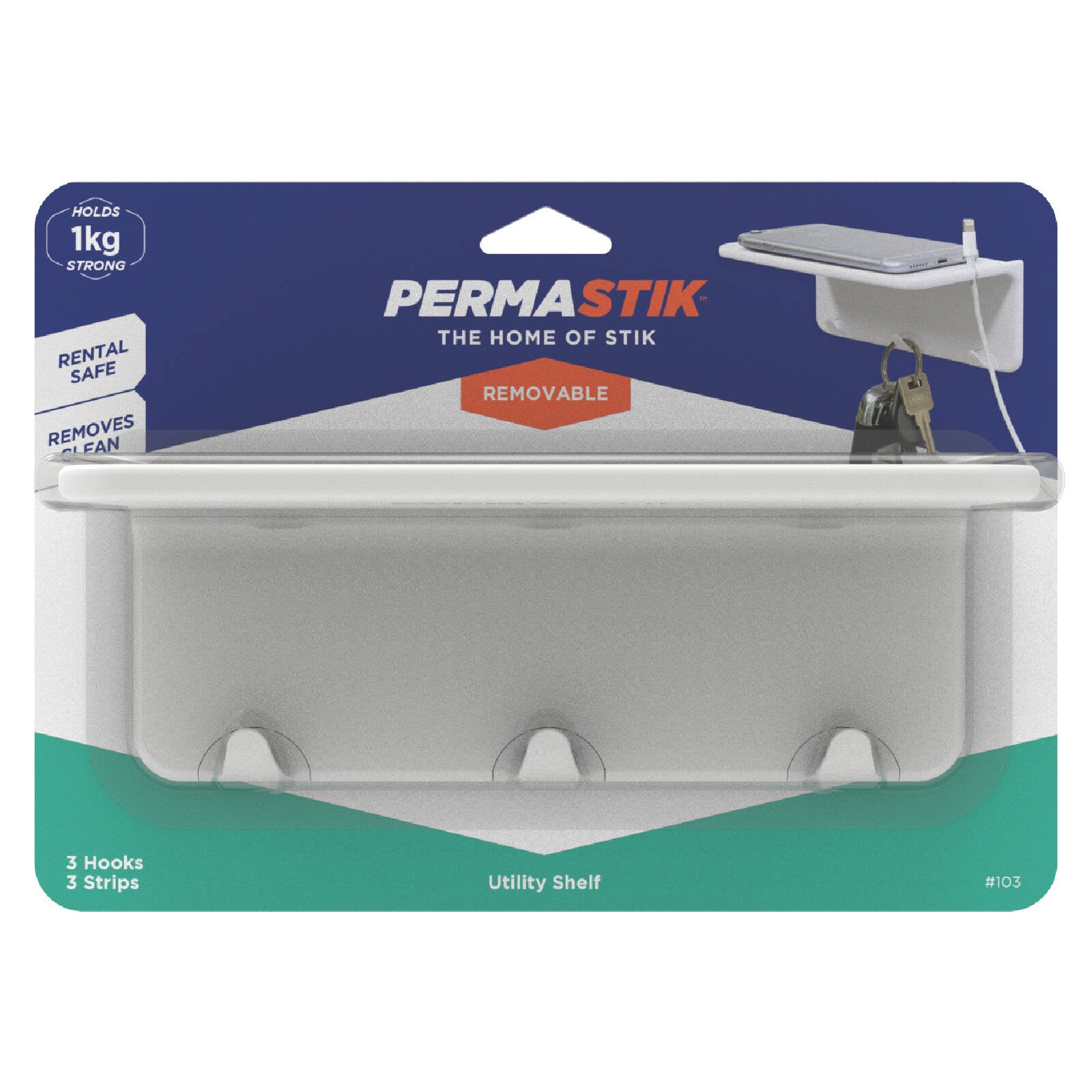 Permastik Removable Utility Shelf - White Self Adhesive Plastic Shelf with Hooks