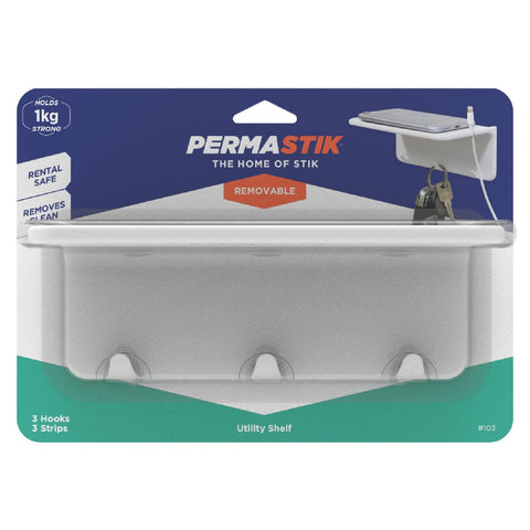 Permastik Removable Utility Shelf - White Self Adhesive Plastic Shelf with Hooks