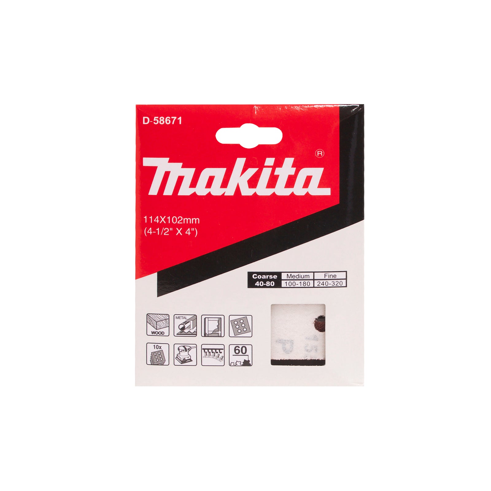 Makita P60 Wood Abrasive Sheet, 10 Pack, 60 Grit, Aluminium Oxide, Hook and Loop, Suits BO4565K