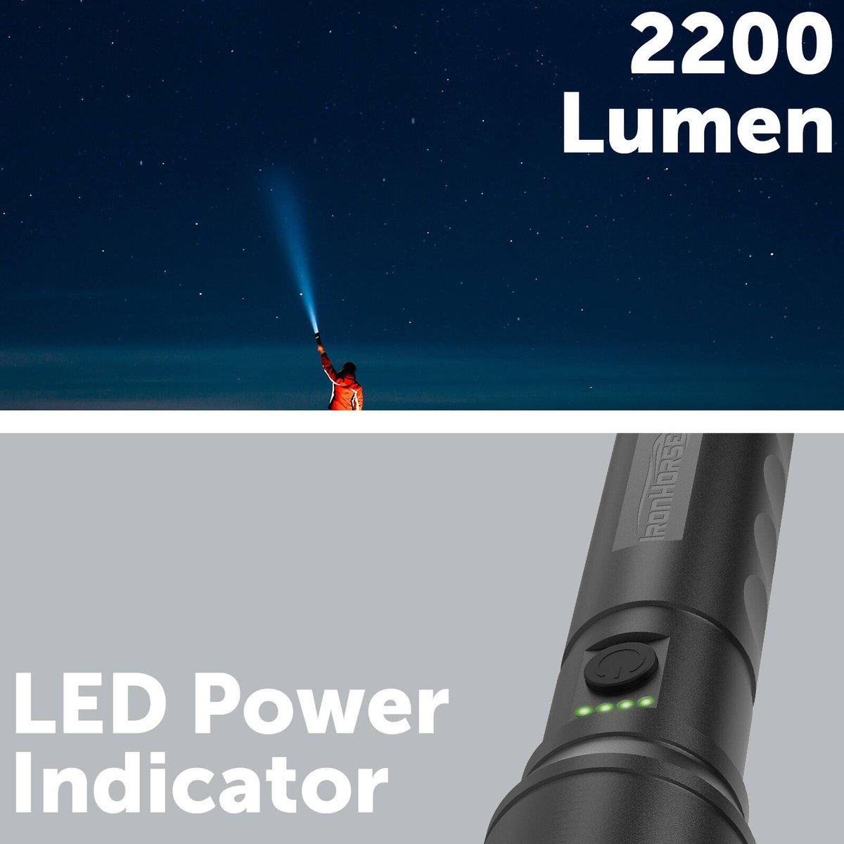 Ironhorse 2200lm Premium Hybrid Dual Power Torch Flashlight - 300mm - Black/Gun Metal - Rechargeable - Adjustable Focus - Water Resistant - SuperSaverAU - view 4