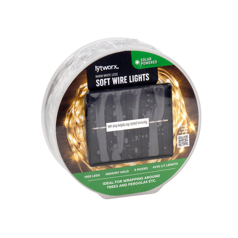 Lytworx 49.95m Warm White Solar Soft Wire Lights 70729 - 1000 LED, 8 Modes, Outdoor