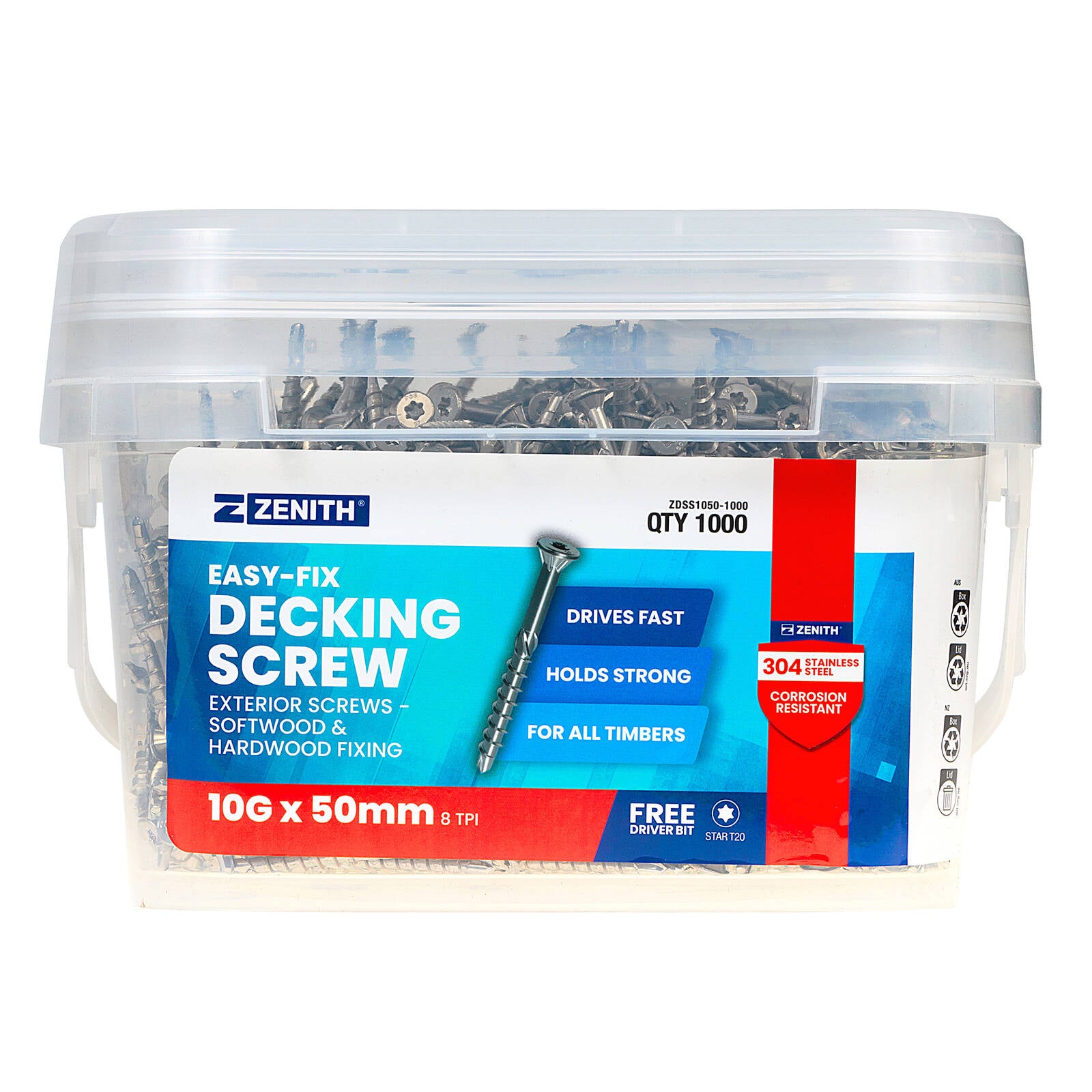 Zenith Easy-Fix Decking Screw T20 10G x 50mm SS304 Stainless, 1000 Pack