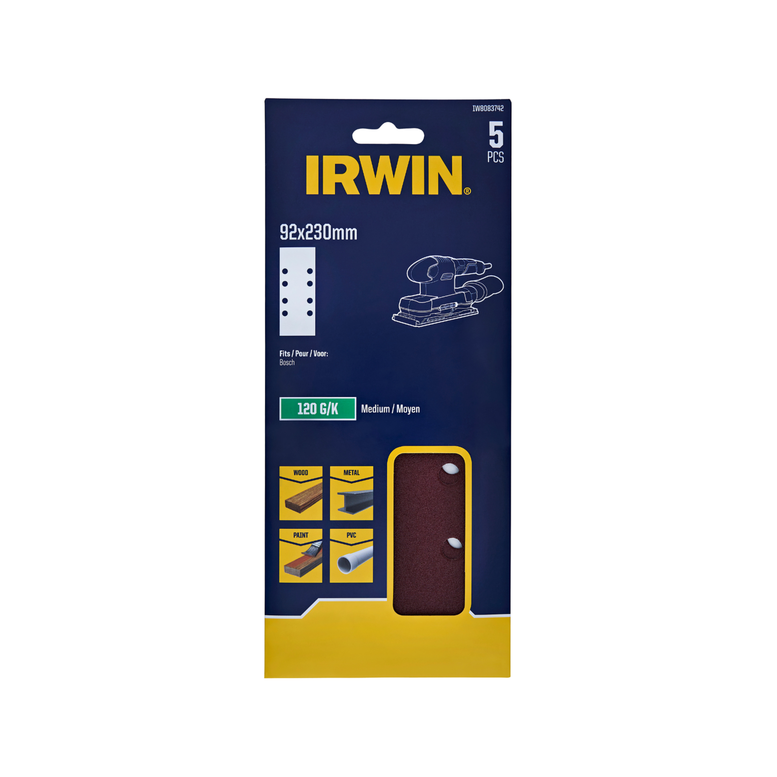 Irwin 92 x 230mm 120 Grit 8-Hole 1/3 Punched Sanding Sheets - 5 Pack