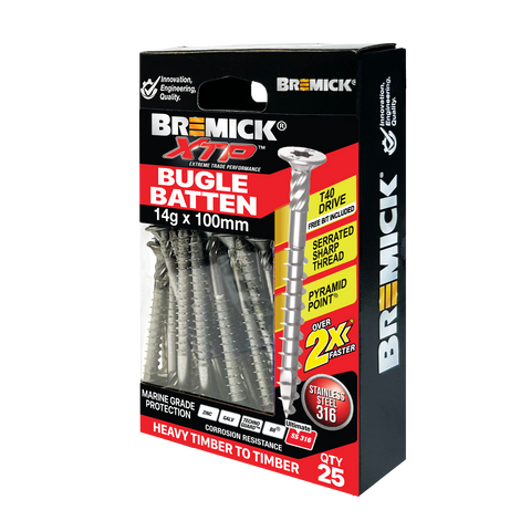 Bremick XTP 14g x 100mm Stainless Steel 316 T40 Bugle Batten Screws 25 Pack