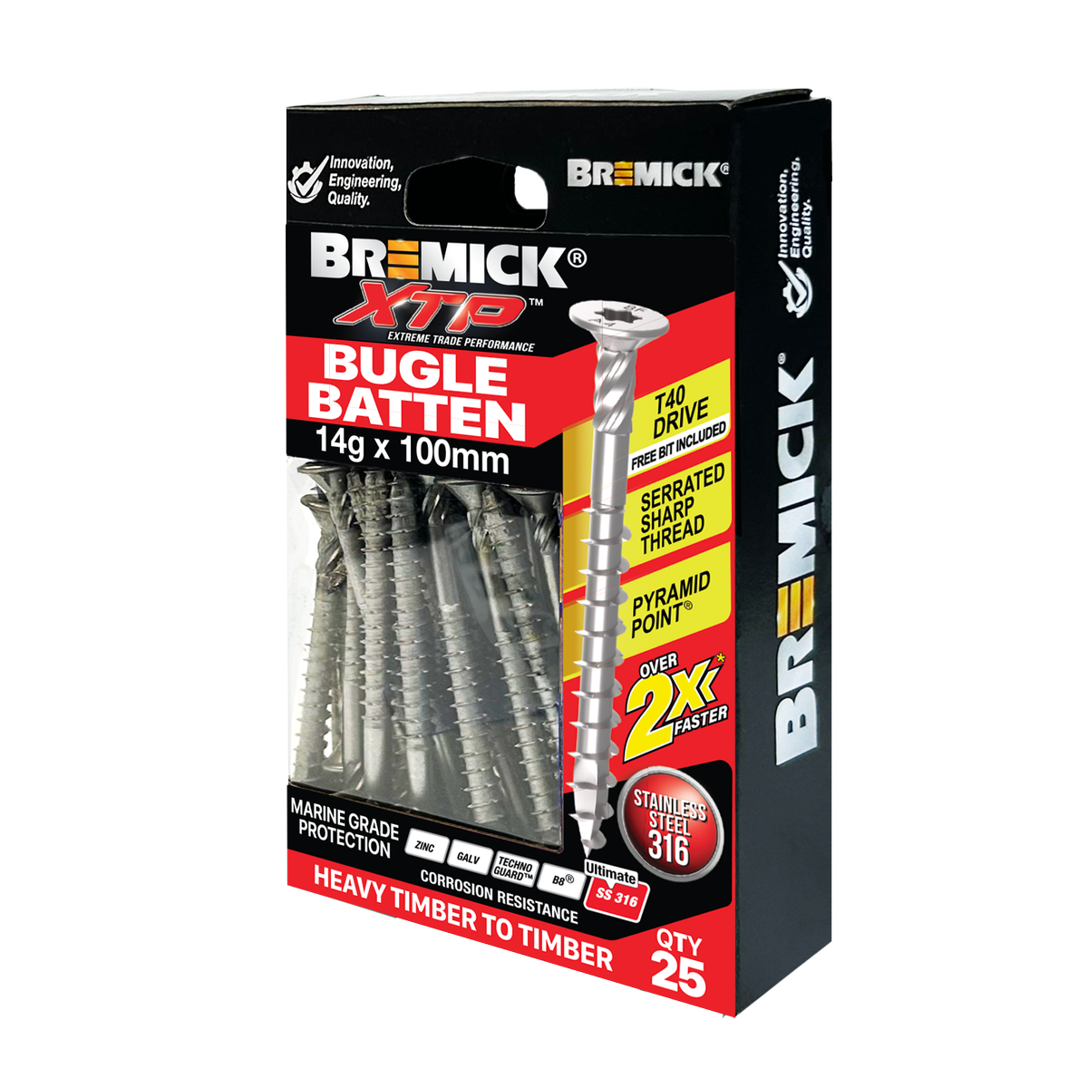 Bremick XTP 14g x 100mm Stainless Steel 316 T40 Bugle Batten Screws 25 Pack