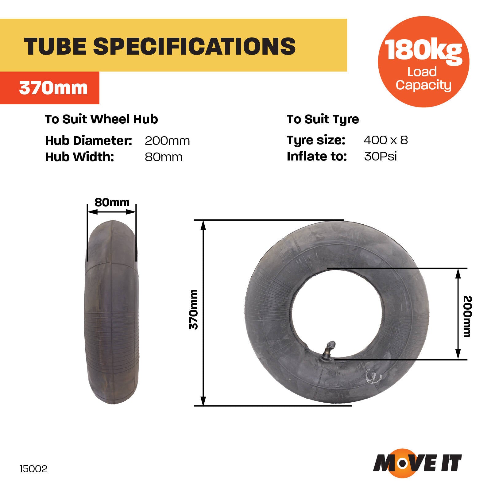 Move It 400 x 8 Black Rubber Pneumatic Replacement Inner Tube 180kg