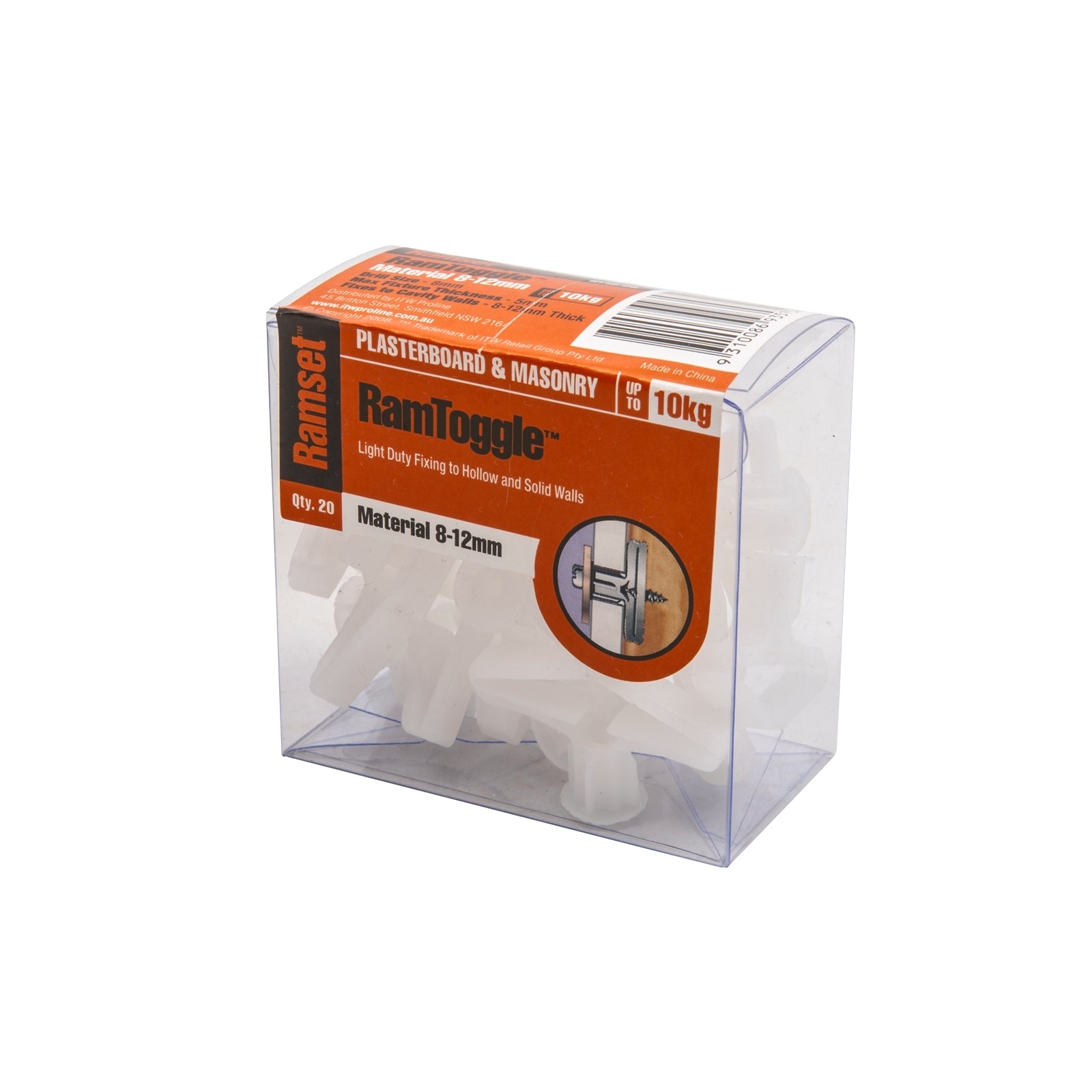Ramset RamToggle 12mm Plasterboard Cavity Anchor 20 Pack - White Nylon Body