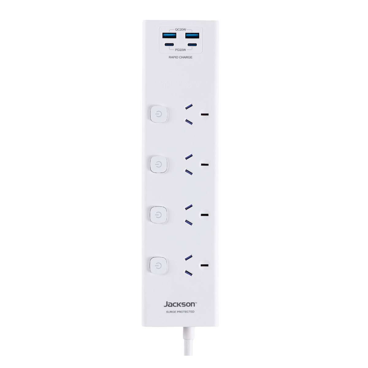 Jackson 4 Outlet Powerboard - 4 Individual Switches - 1.8m Lead - White - USB-C & USB-A Charging - SuperSaverAU - view 2