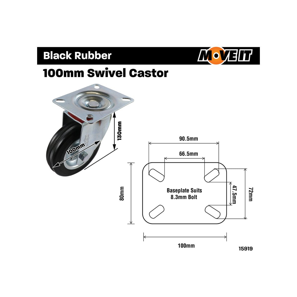 Move It 100mm Black Rubber Swivel Plate Castor, Indoor, 70kg