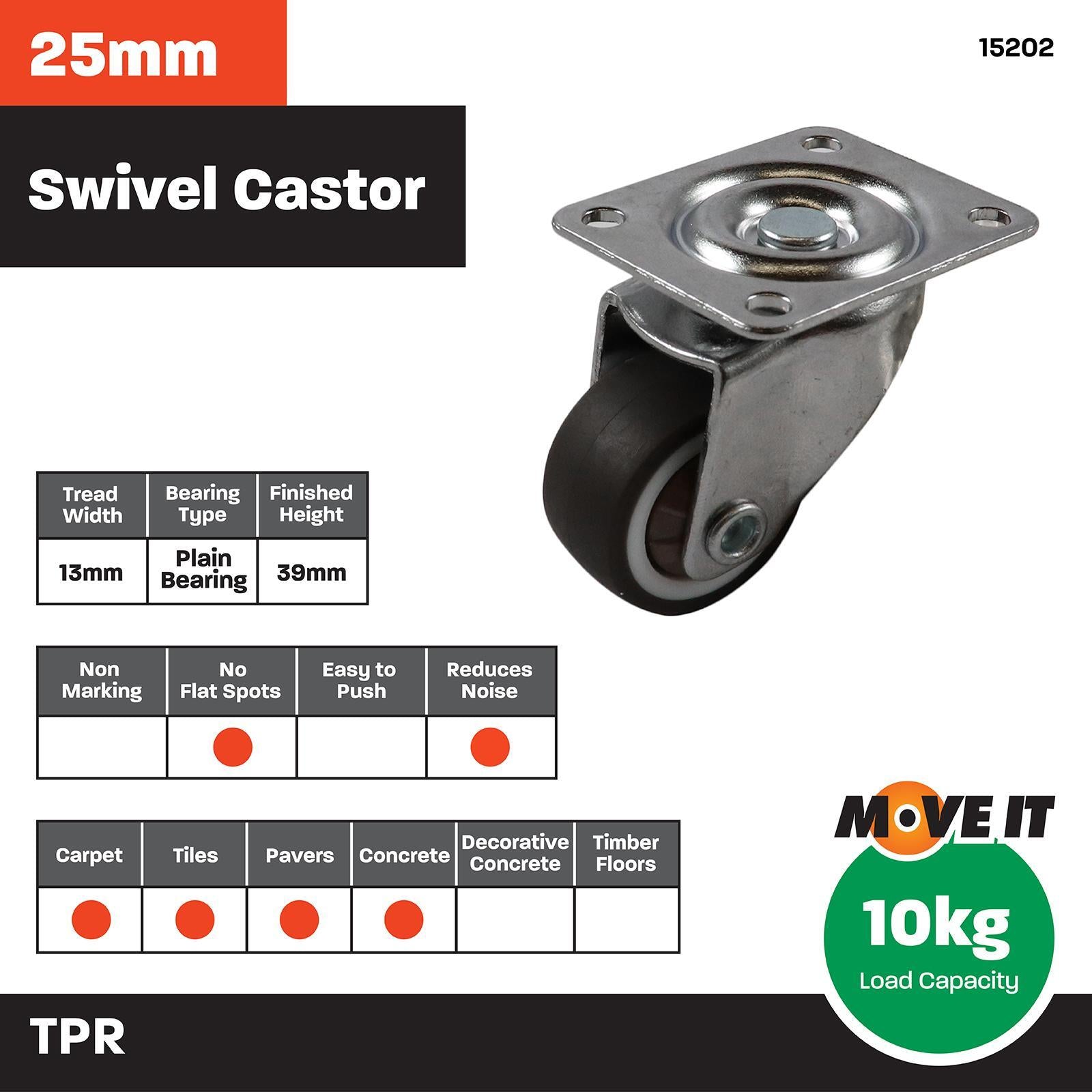 Move It 25mm 10kg Rubber Swivel Castor Indoor
