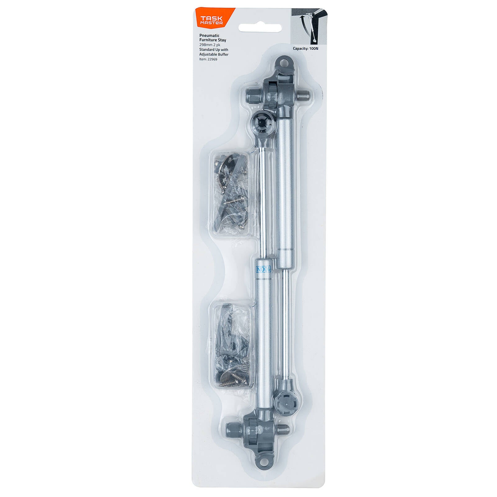 Taskmaster 298mm 100N Grey Steel Pneumatic Furniture Stay, 2 Pack