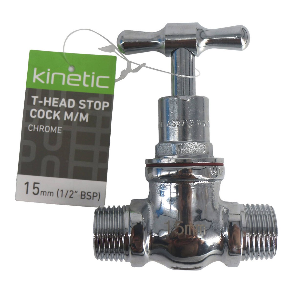 Kinetic 15mm Chrome Male T-Head Stop Cock, Lead Free Brass, Hot & Cold Water