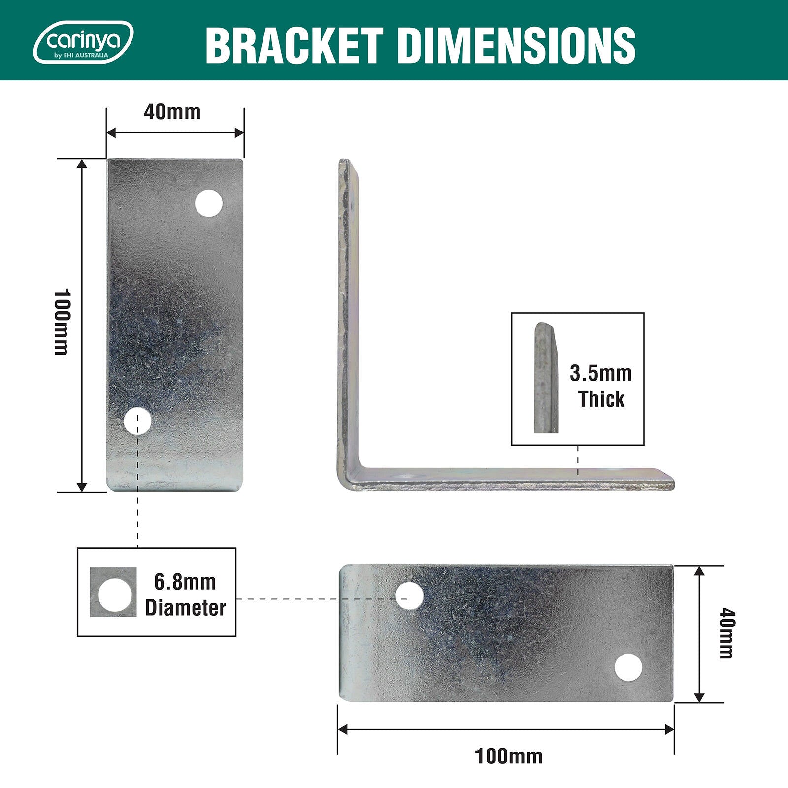 Carinya 100 x 100 x 40 x 3.5mm Zinc Plated Steel Reinforcing Angle Bracket