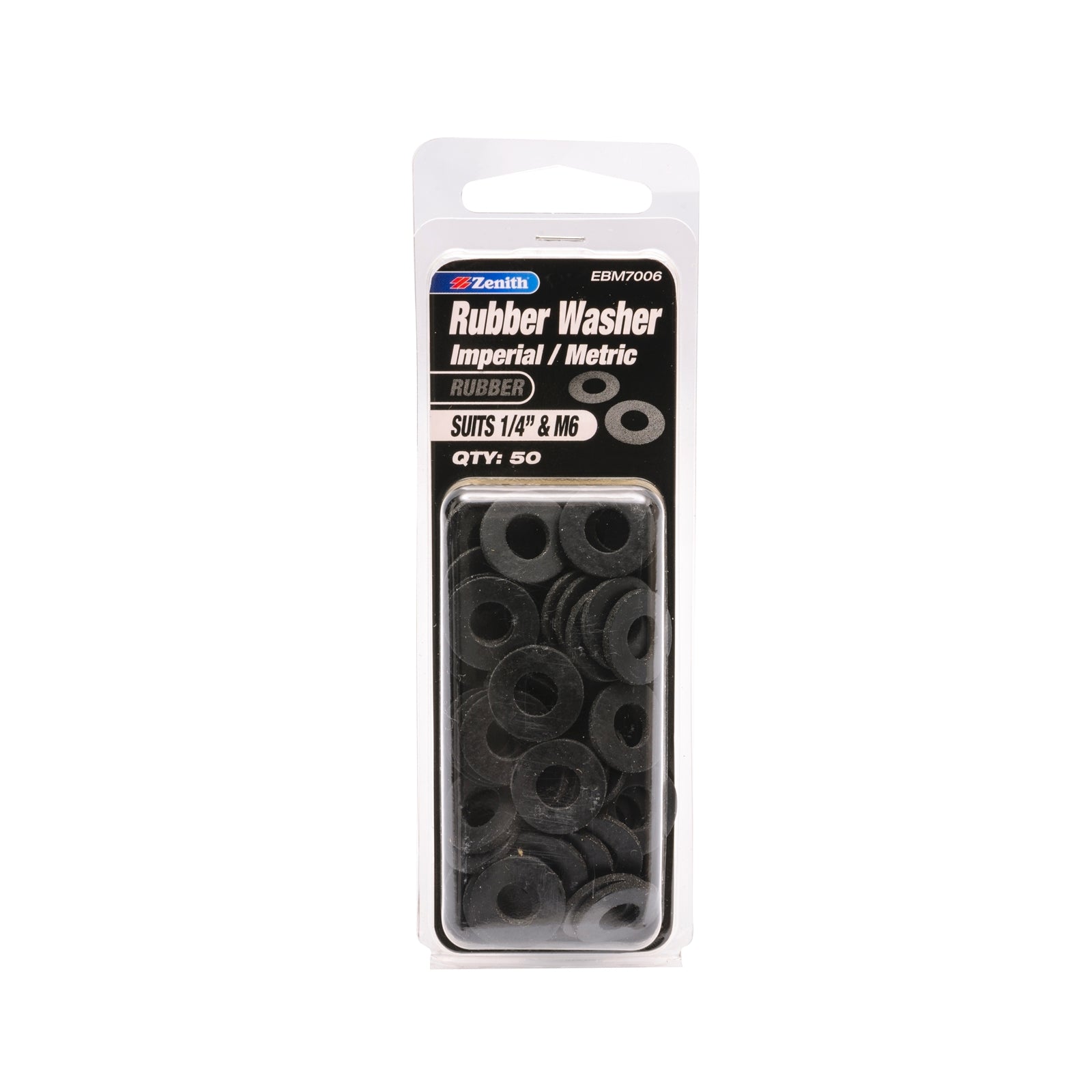Zenith 1/4" and M6 Black Rubber Round Washers - 50 Pack