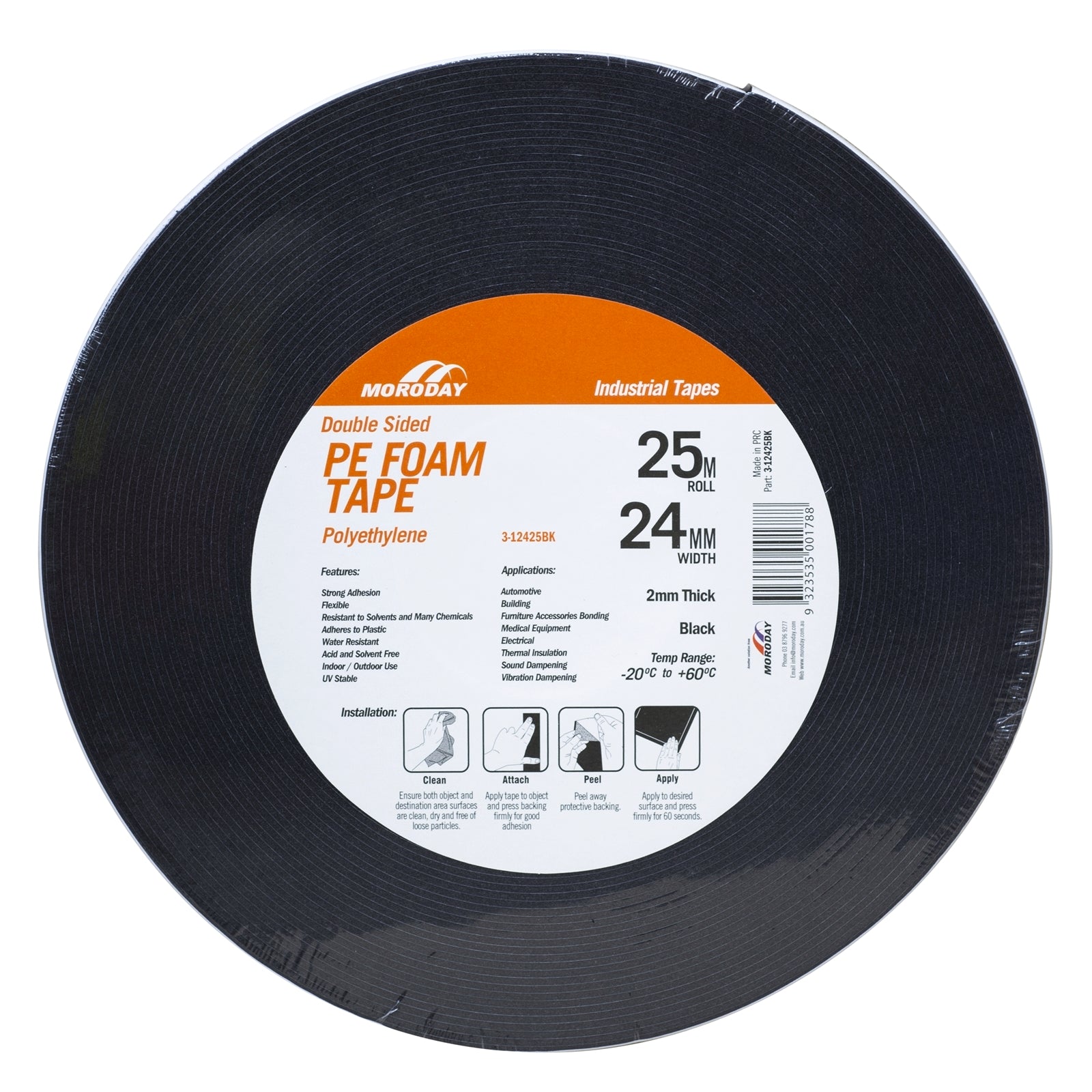 Moroday 24mm x 25m Black Double Sided PE Foam Tape