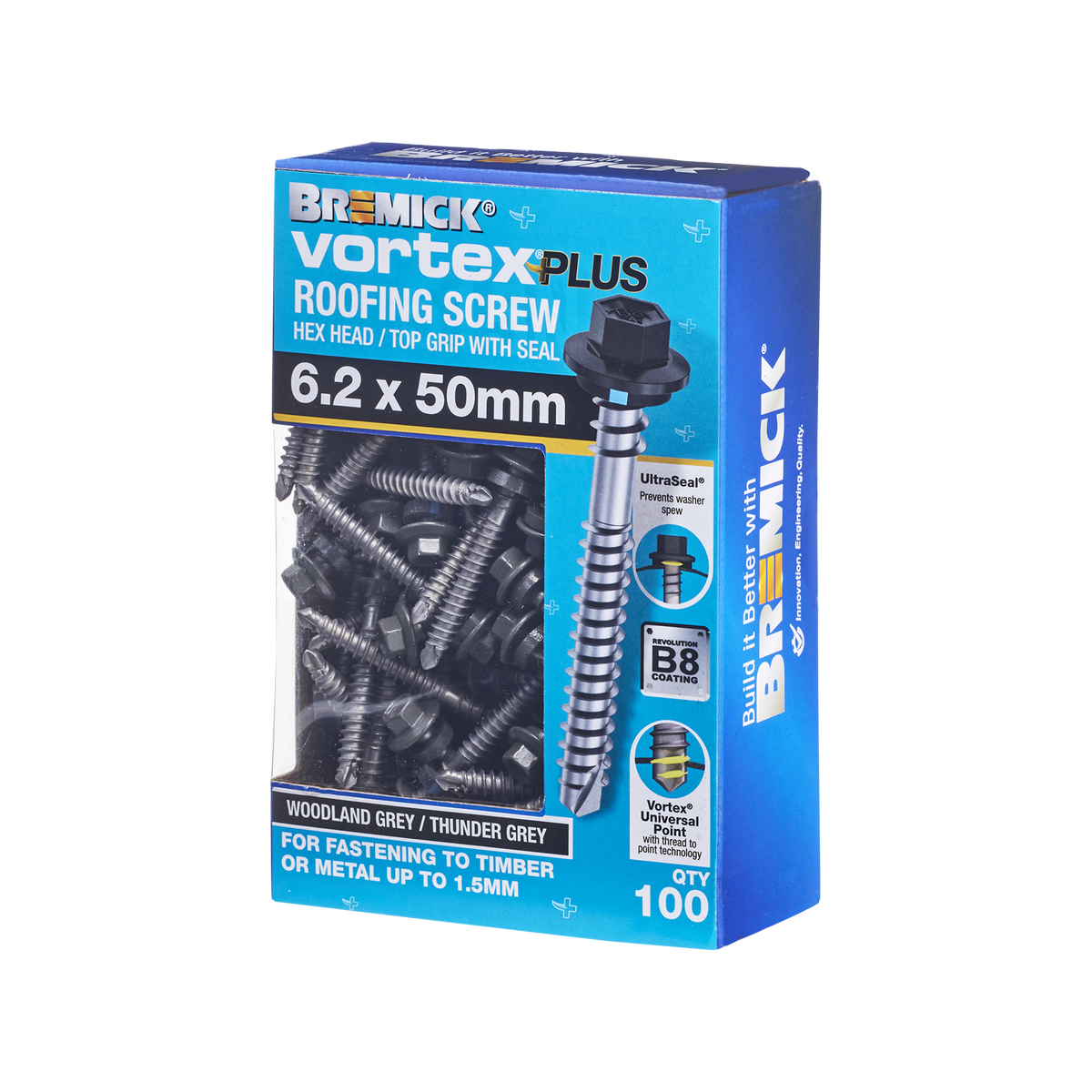 Bremick Vortex Plus Roofing Screw 6.2 x 50mm - Hex B8 Coating - Box of 100 - Watertight Connection - SuperSaverAU - view 1