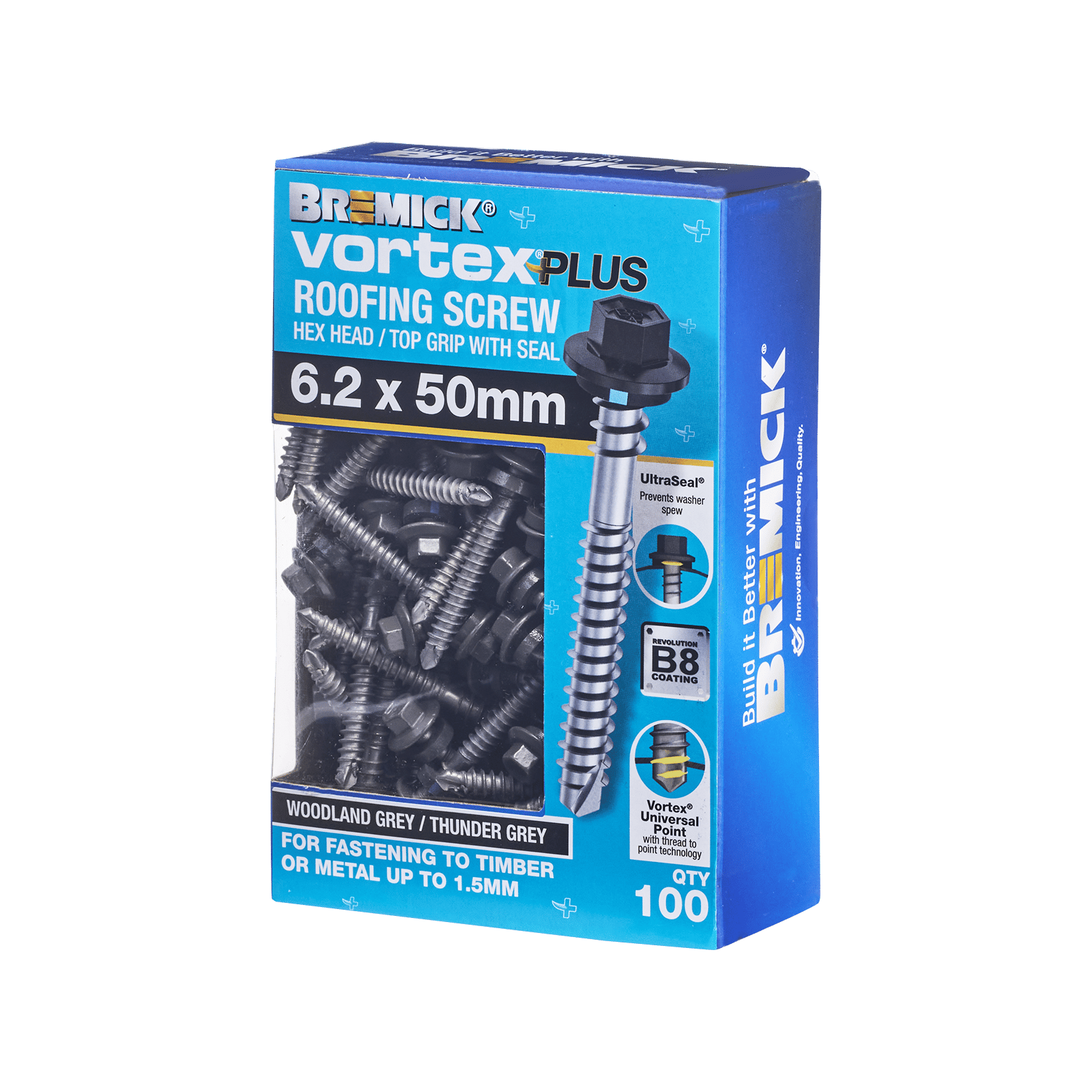 Bremick Vortex Plus 6.2 x 50mm B8 Hex Roofing Screw Woodland Grey - Box 100