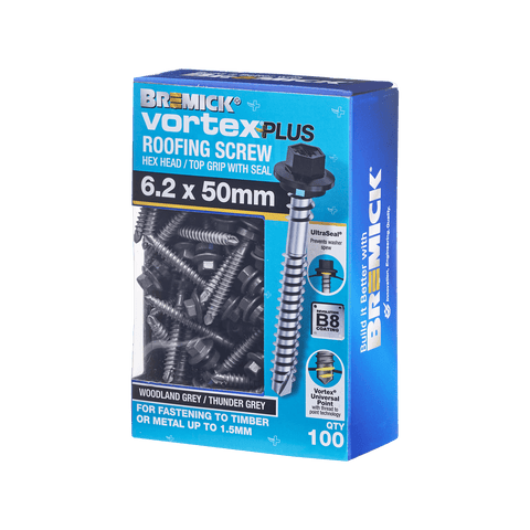 Bremick Vortex Plus 6.2 x 50mm B8 Hex Roofing Screw Woodland Grey - Box 100