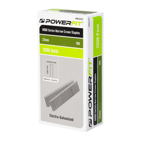 PowerFit 22mm 6000 Series Electro-Galvanised Narrow Crown Staples 18 Gauge - 2000 Pack