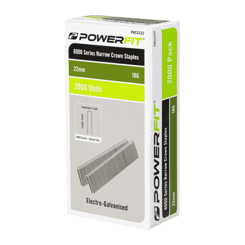 PowerFit 22mm 6000 Series Electro-Galvanised Narrow Crown Staples 18 Gauge - 2000 Pack