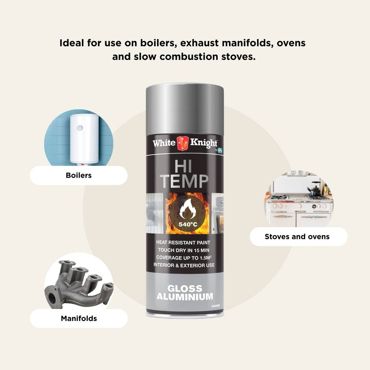 White Knight 300g Aluminium Gloss Hi Temp Spray Paint - Indoor/Outdoor