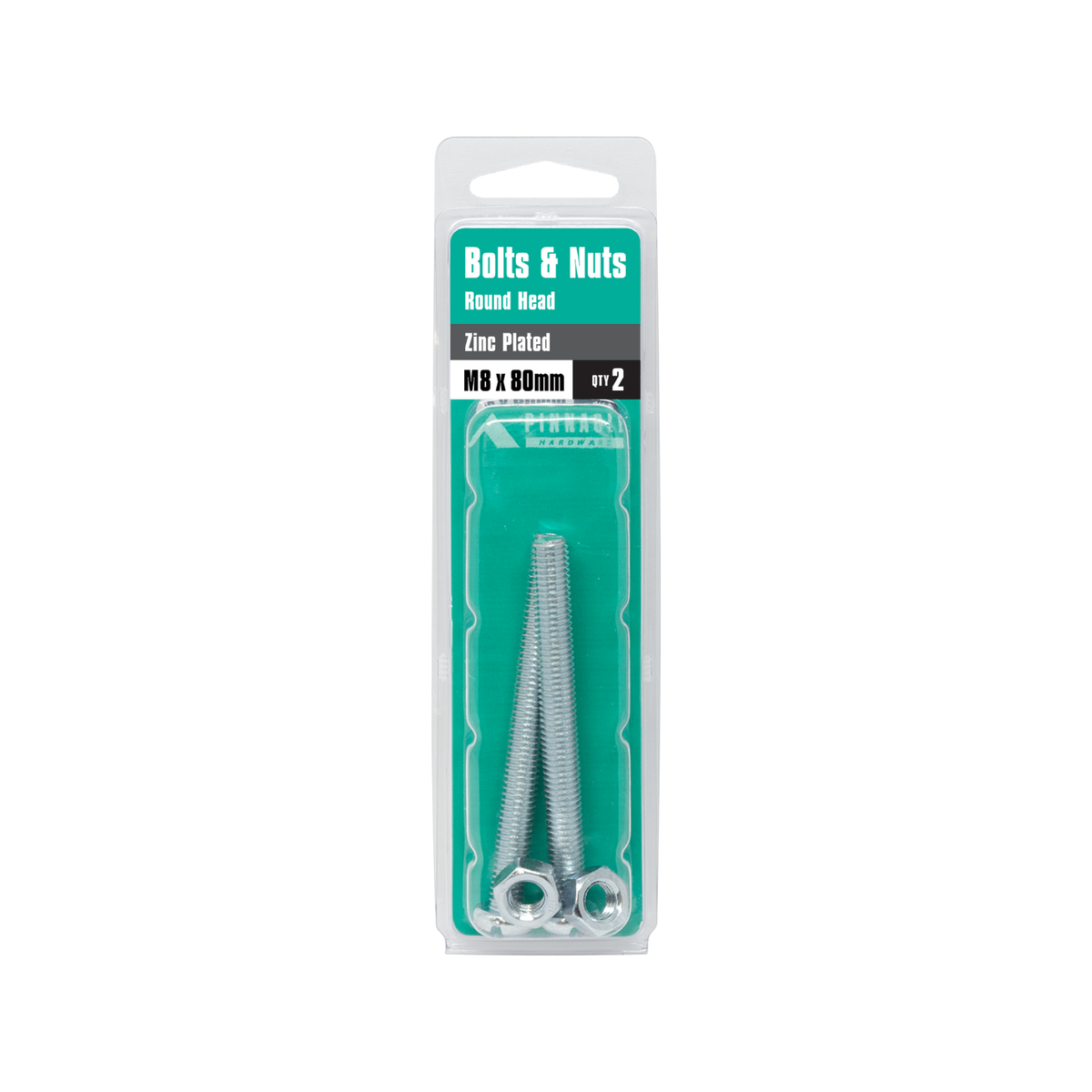 Pinnacle M8 x 80mm Zinc Plated Round Head Bolts and Nuts - 2 Pack