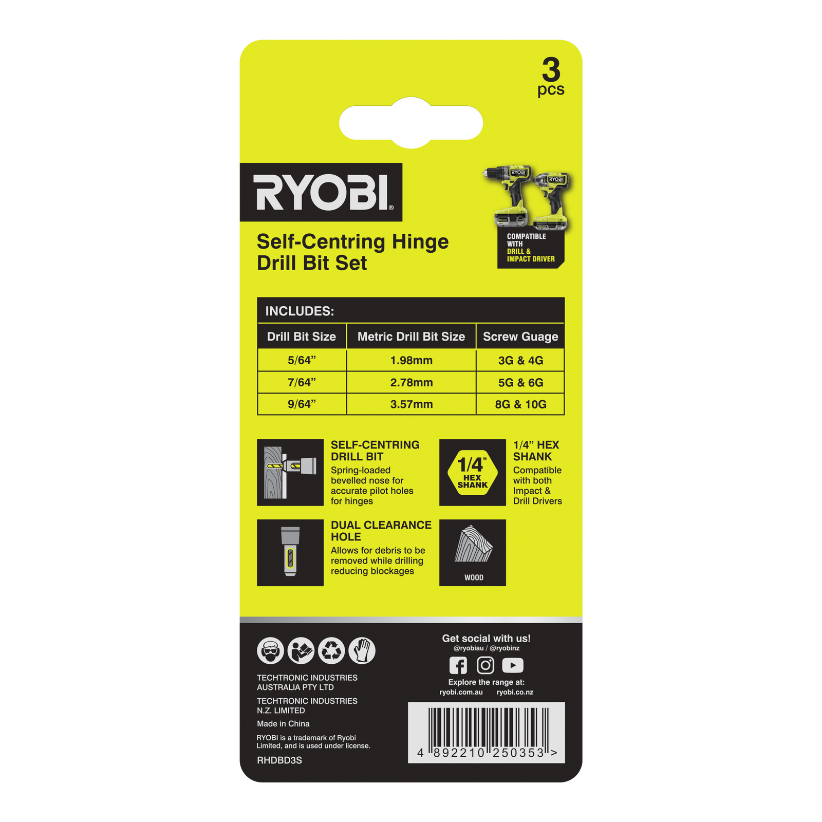 Ryobi 3 Piece Door Hinge Drill Bit Set - Self-Centring Pilot