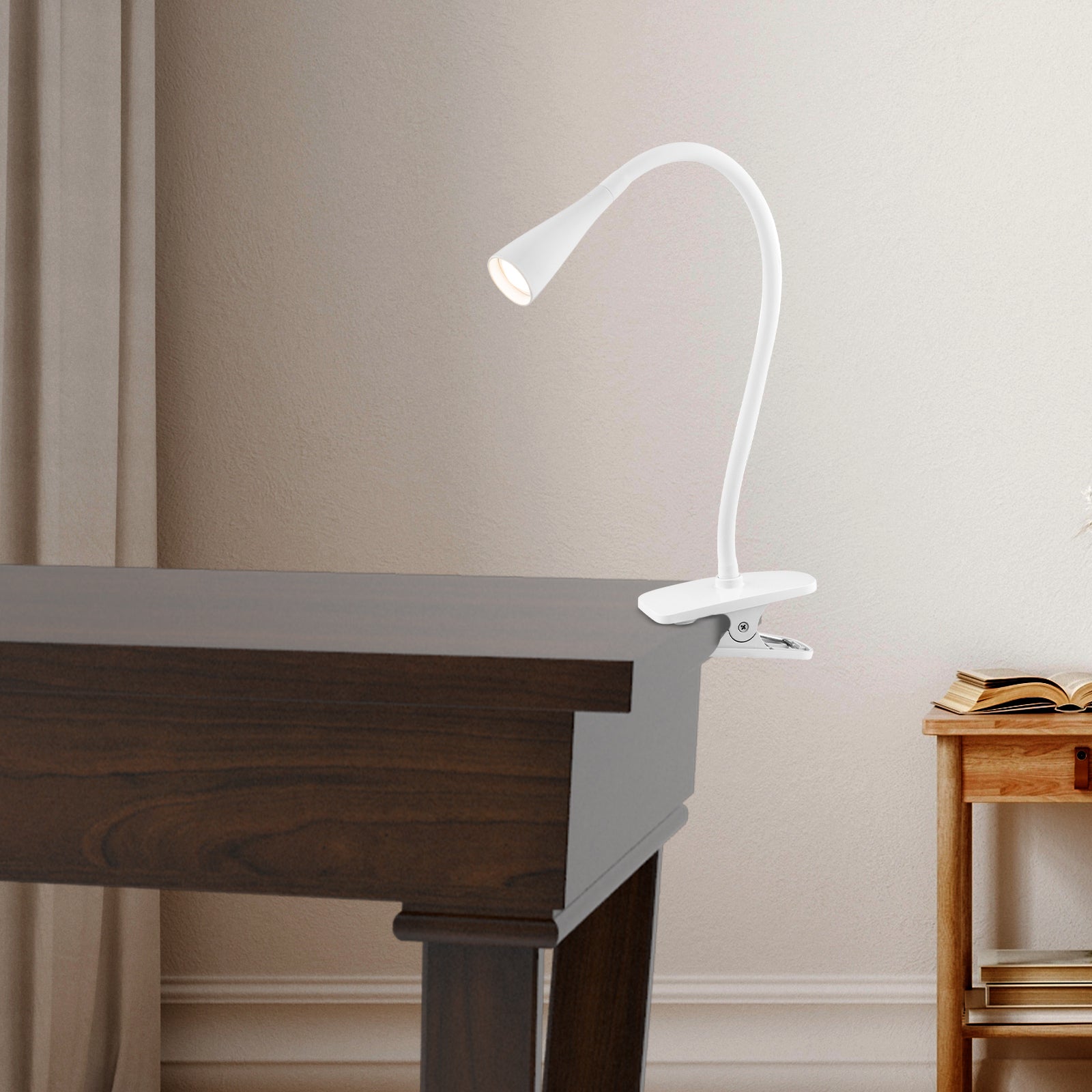 Verve Design Dale 225mm LED Gooseneck Clip Lamp ATL103WH, 5W Adjustable Clamp Lamp, White