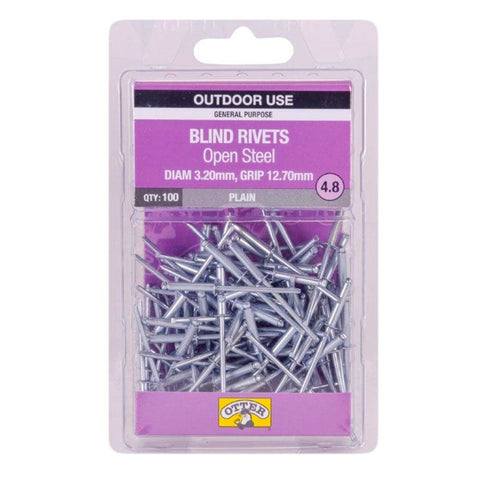 Otter Open Steel Blind Rivets - 2 x 12 7mm - 100 Pack - High Strength - SuperSaverAU - view 1