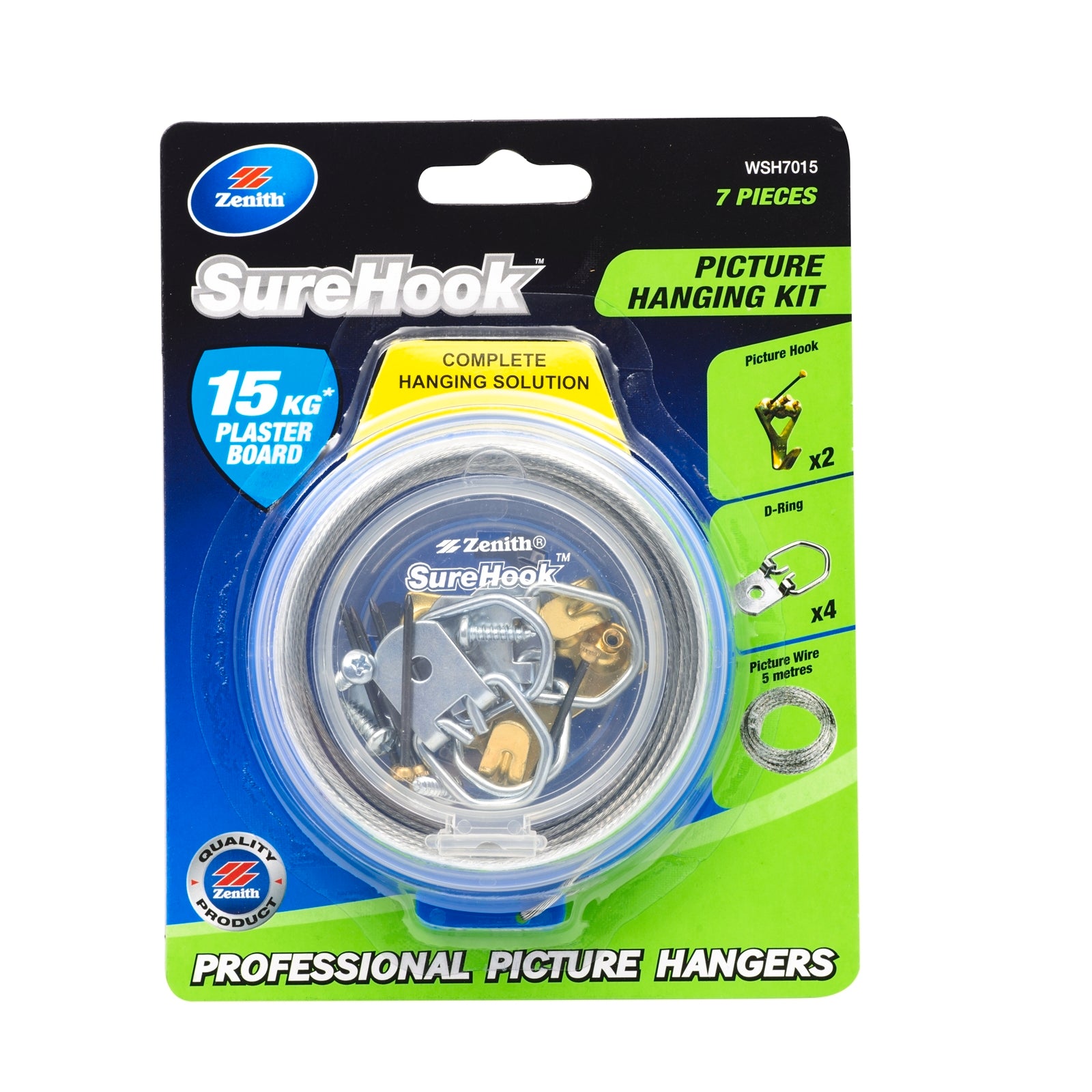 Zenith SureHook 15kg Brass Plated 7 Piece Picture Hanging Kit - Hooks, Wire & D-Ring