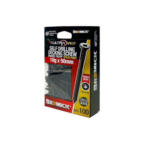 Bremick UltraFast 10g x 50mm 304 Stainless Steel Black T20 Truss Head Decking Screw - 100 Pack
