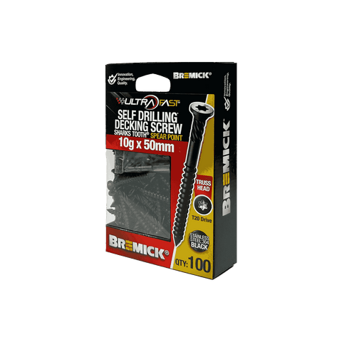 Bremick UltraFast 10g x 50mm 304 Stainless Steel Black T20 Truss Head Decking Screw - 100 Pack