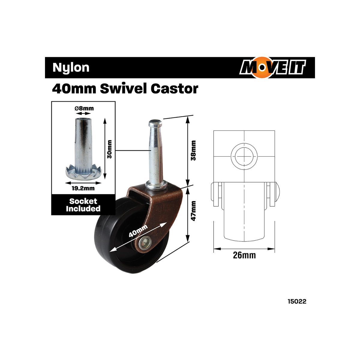 Move It 40mm Furniture Castor Wheel Socket, Steel, Swivel, 60kg - 2 Pack