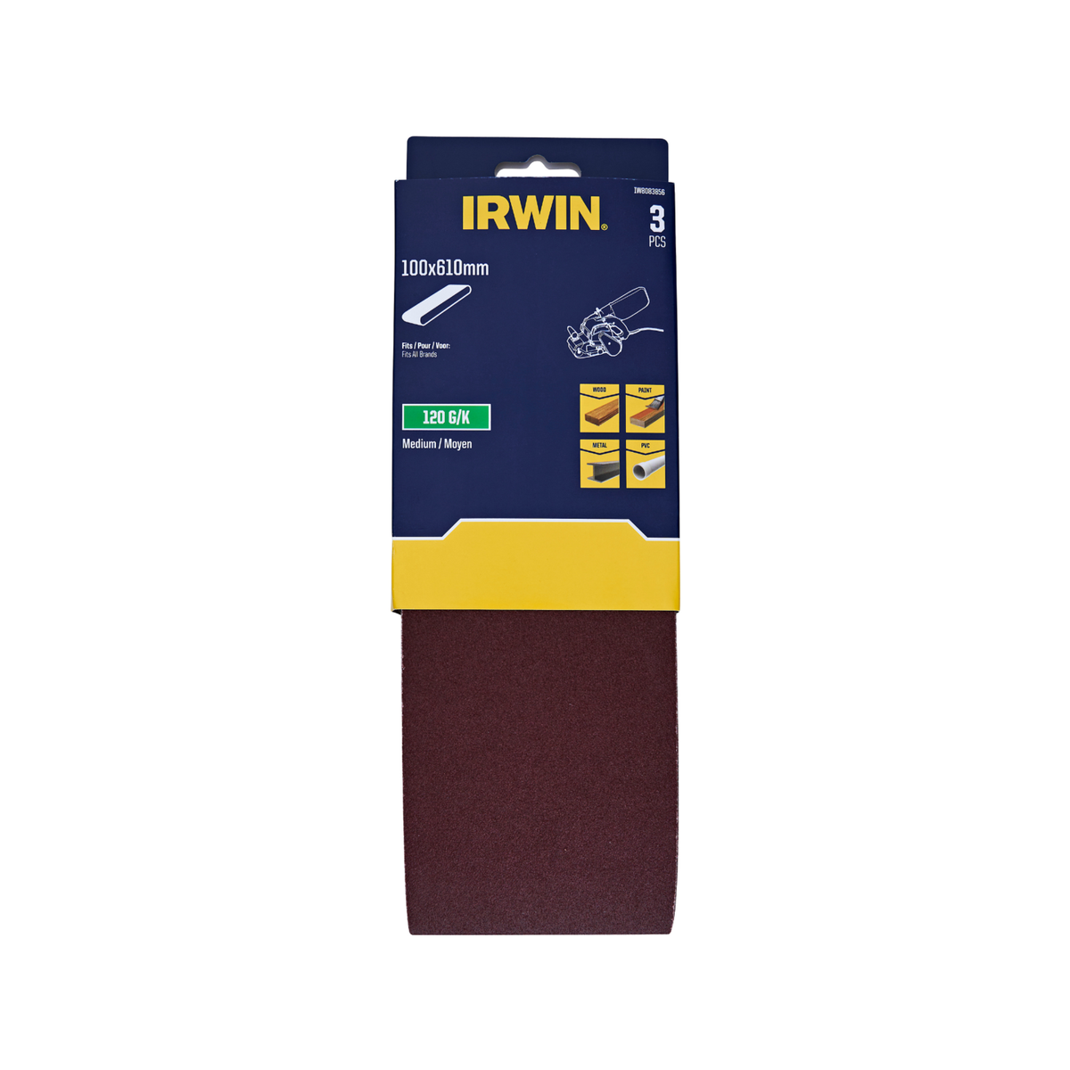 Irwin 100 x 610mm 120 Grit Sanding Belts - 3 Pack
