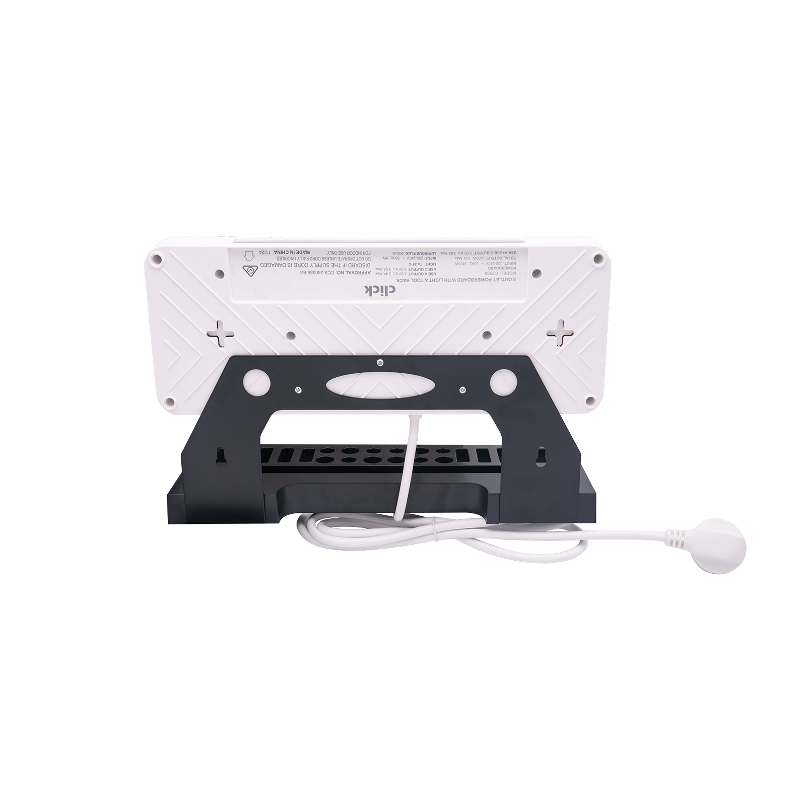 Click 5 Outlet Power Board with Tool Rack, LED Light and USB 1.8m 10A 2400W CTR5S