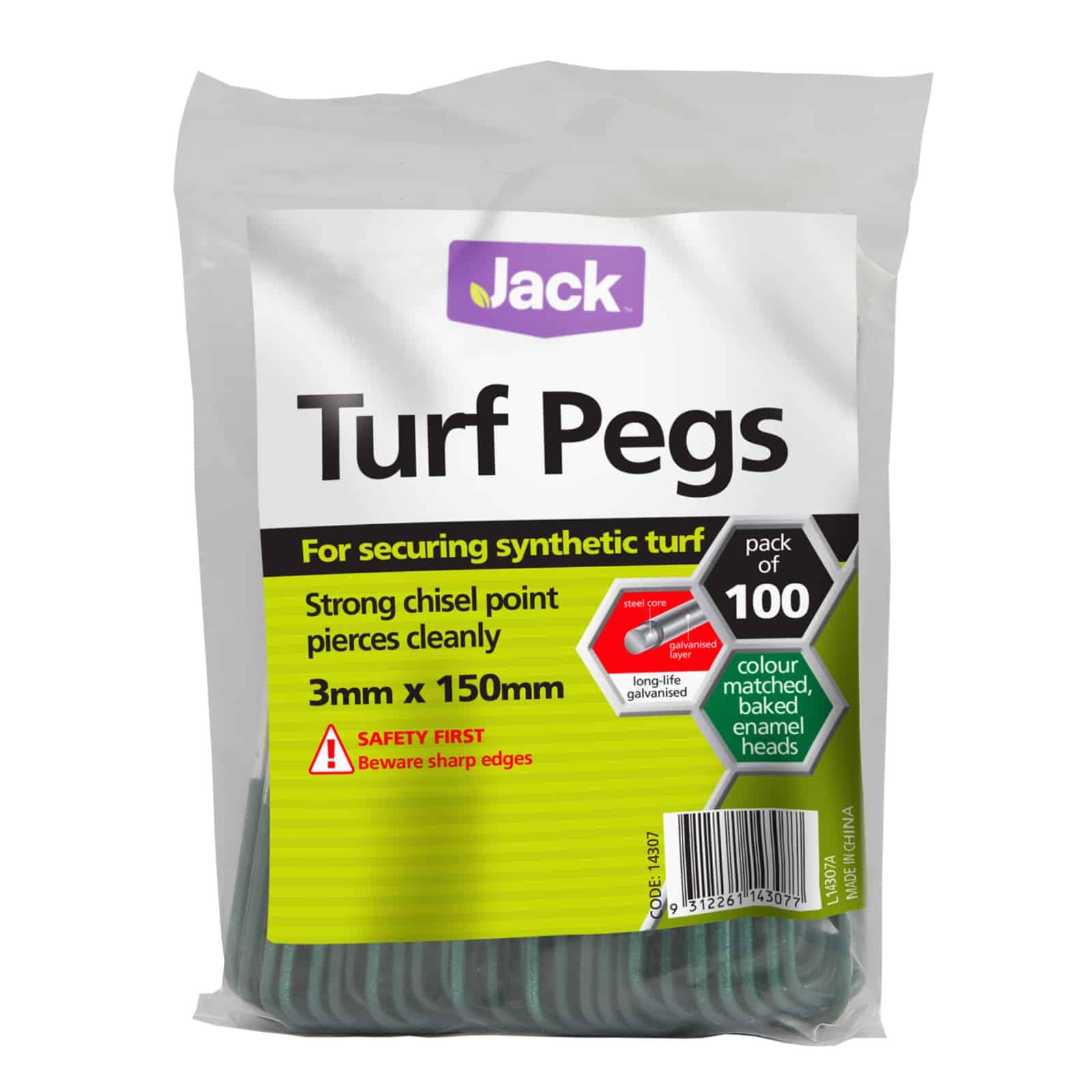 Jack 3 x 150mm Steel Turf Pegs - 100 Pack, Green