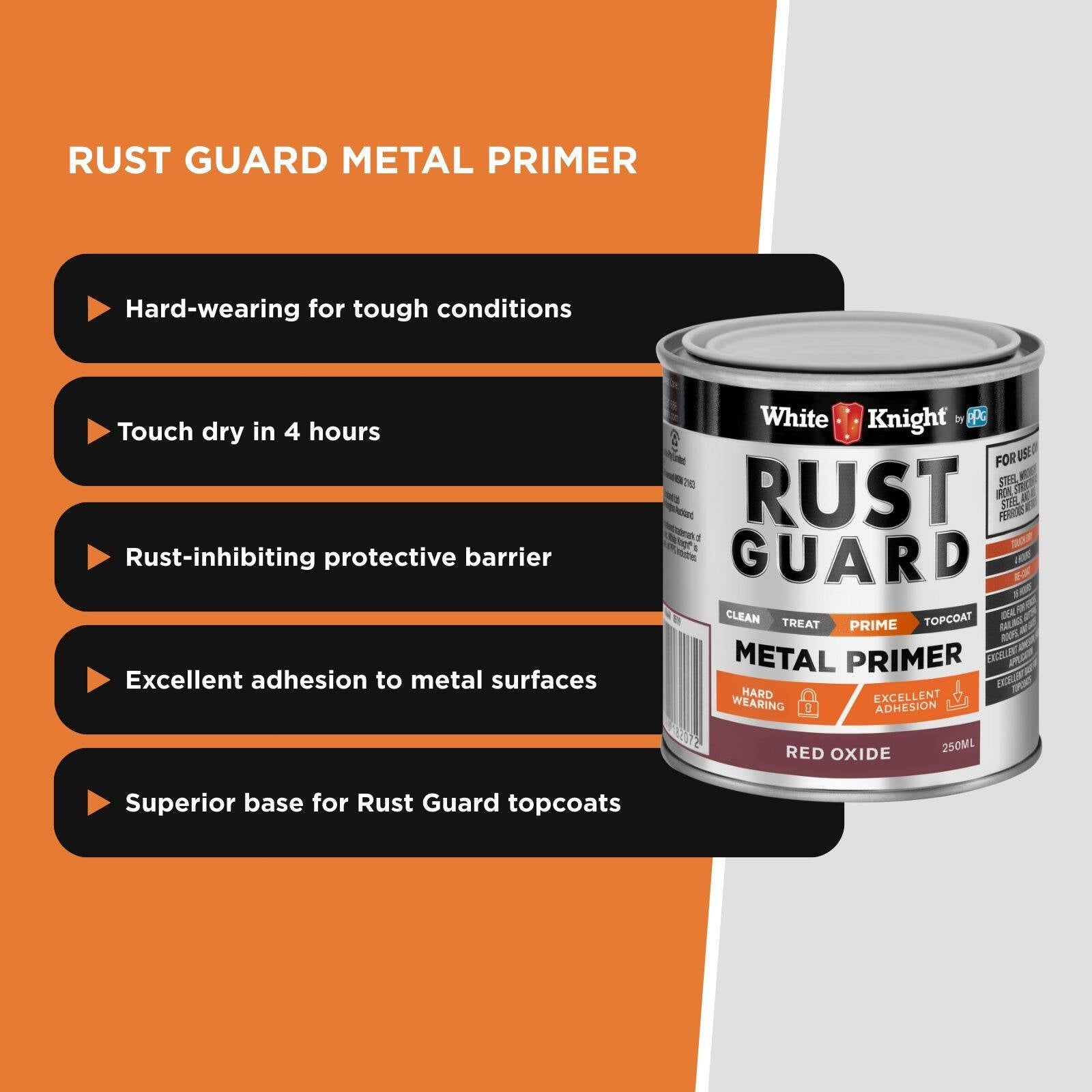 White Knight Rust Guard 250ml Red Oxide Metal Primer Paint, Solvent-Based Anti-Corrosive Undercoat