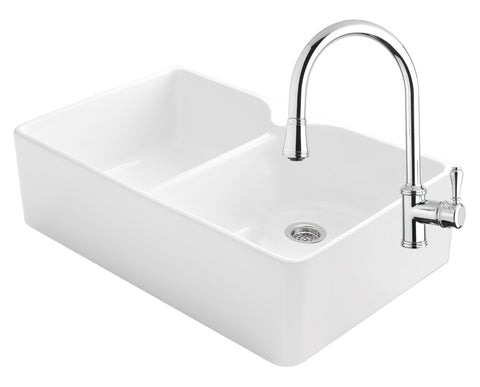 Abey Chambord Clotaire double bowl sink pack - white fireclay - chrome pull out tap - CLOTAIRE-2WT