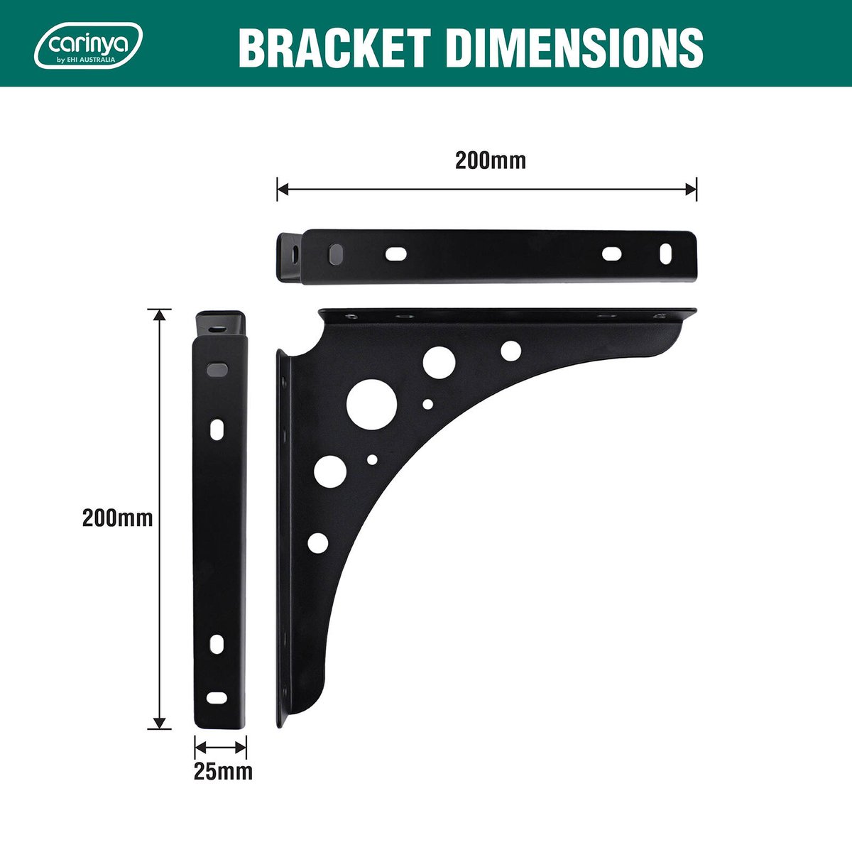 Carinya 200 x 200mm Black Euro Bracket - Powder Coated Steel, 75kg