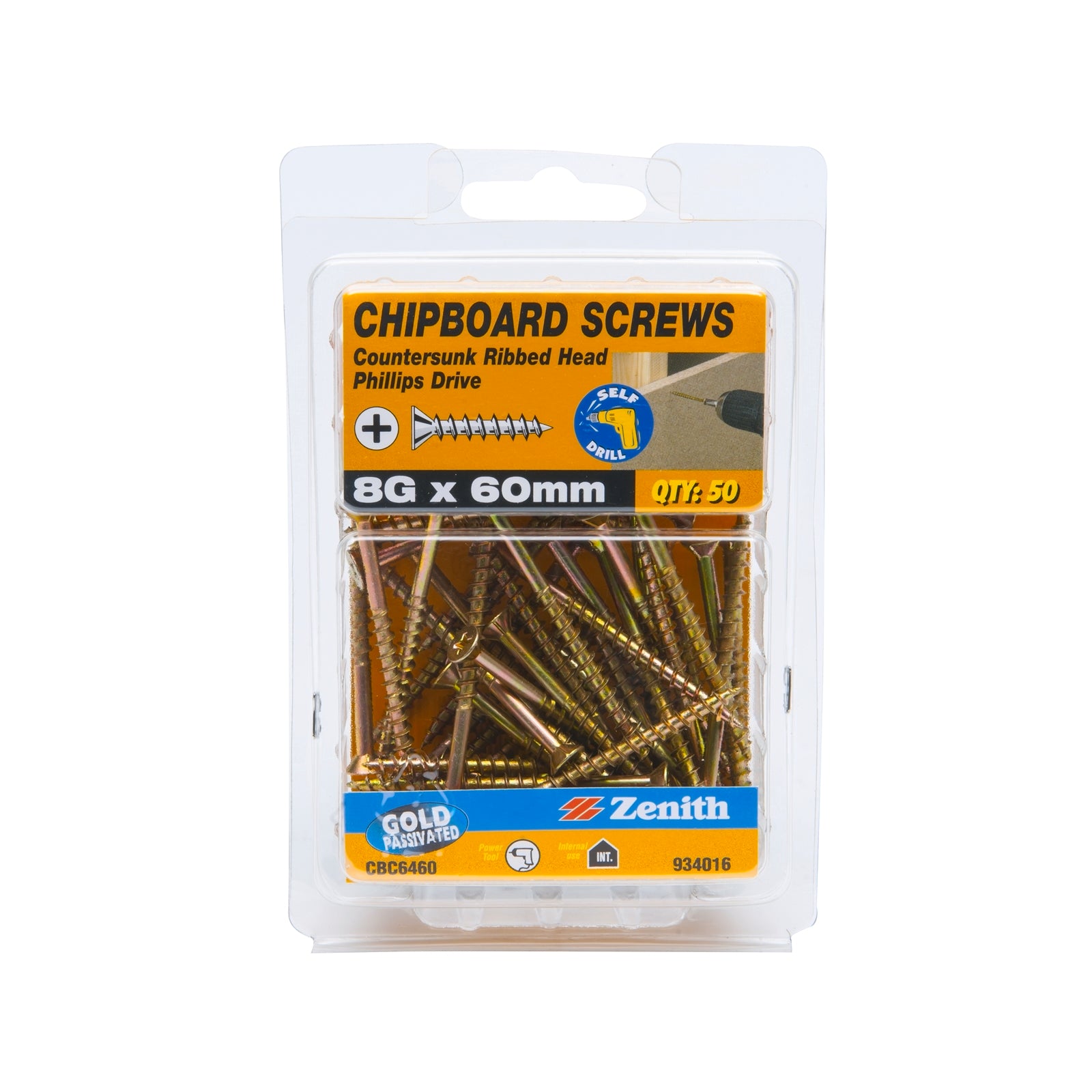 Zenith 8G x 60mm Gold Passivated Countersunk Ribbed Chipboard Screws - 50 Pack