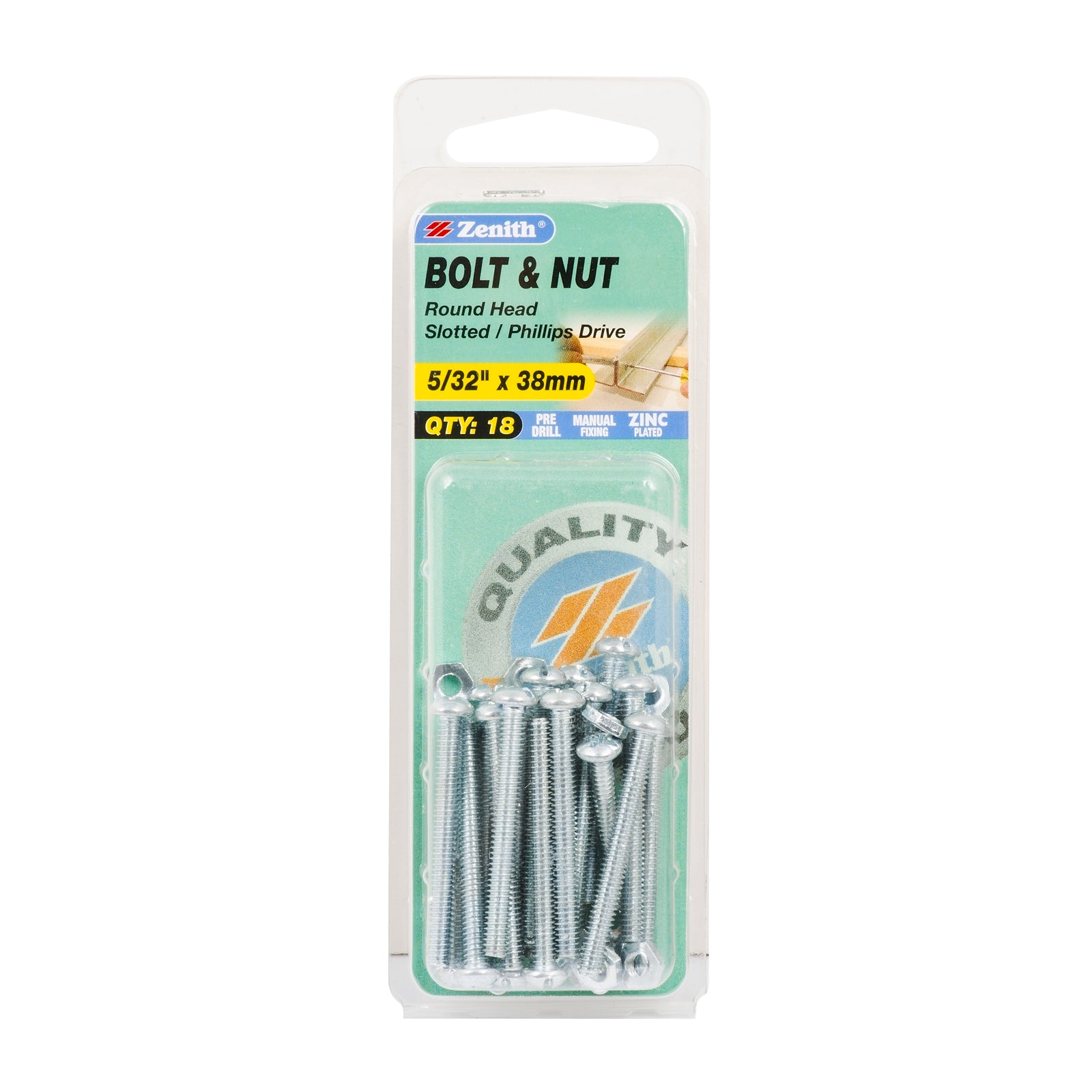 Zenith 5/32" x 38mm Zinc Plated Round Head Bolt and Nut - Steel, 18 Pack