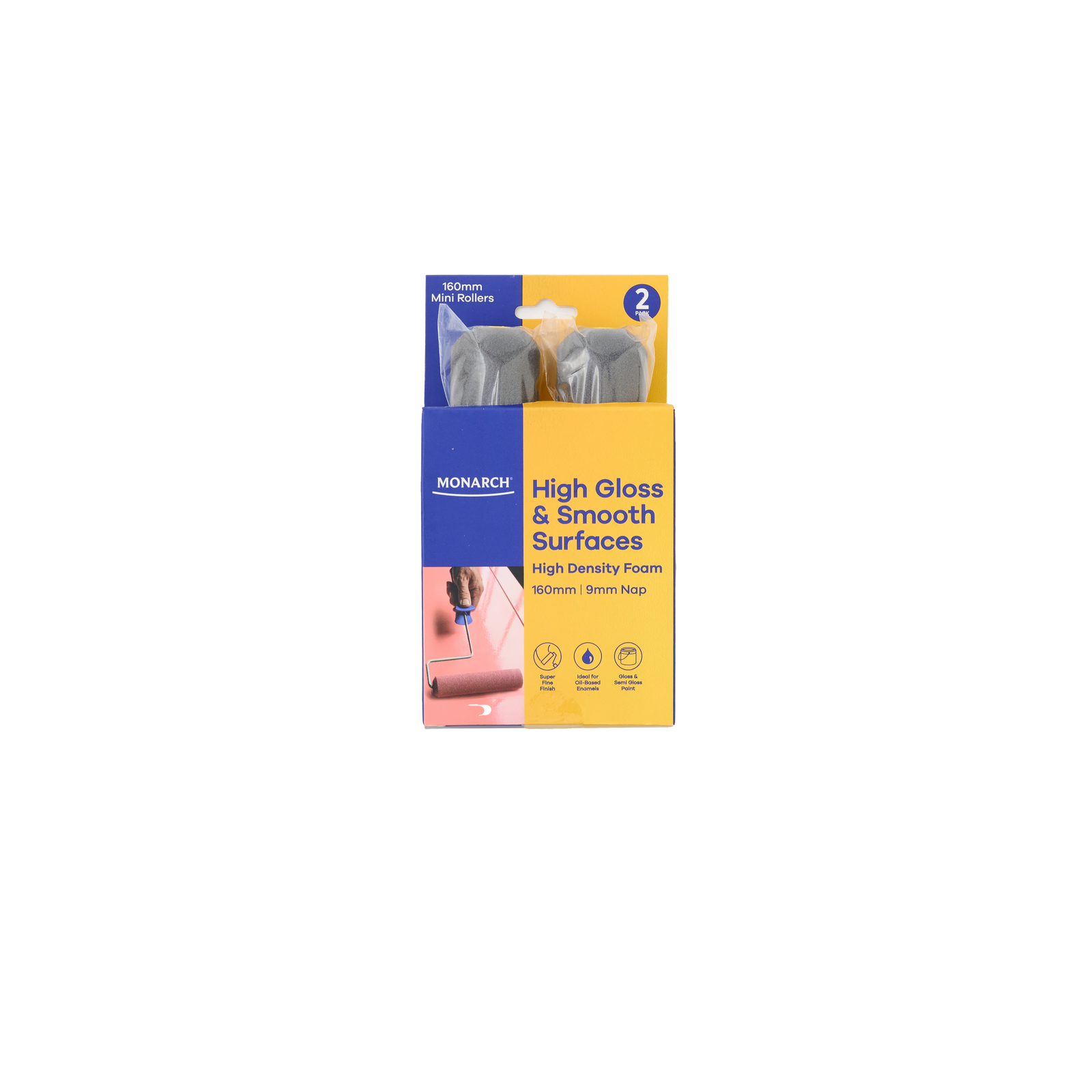 Monarch 160mm 9mm Nap High Density Foam Gloss & Smooth Mini Rollers 2 Pack